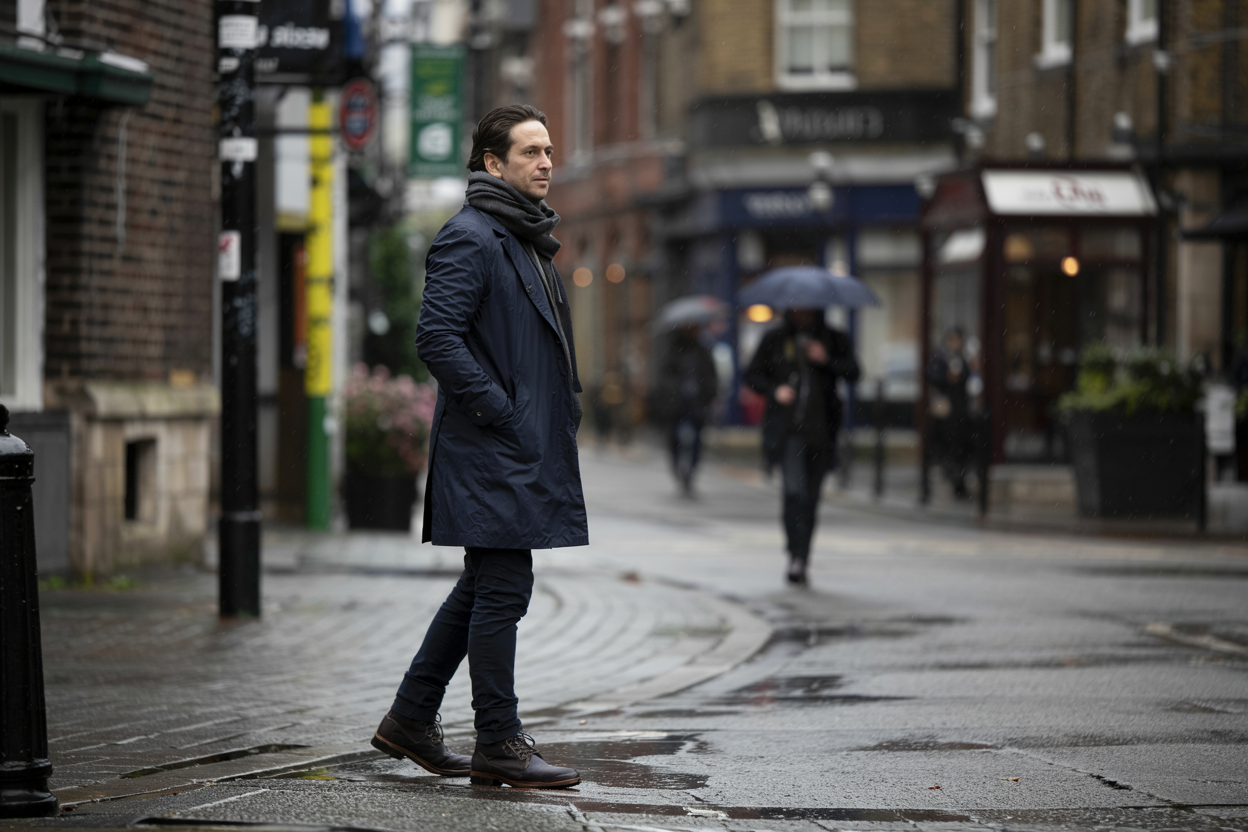 Man in weatherproof coat and boots in rain, mens weather gear, GRAND London