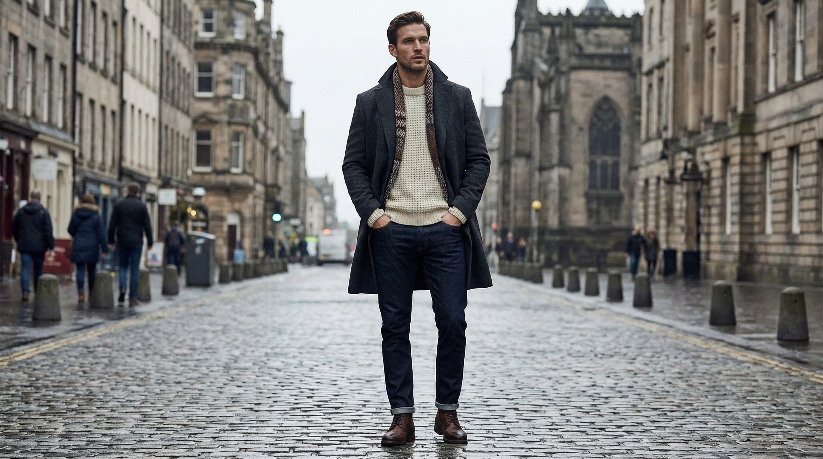 Man in cold weather outfit with wool coat and boots, GRAND London