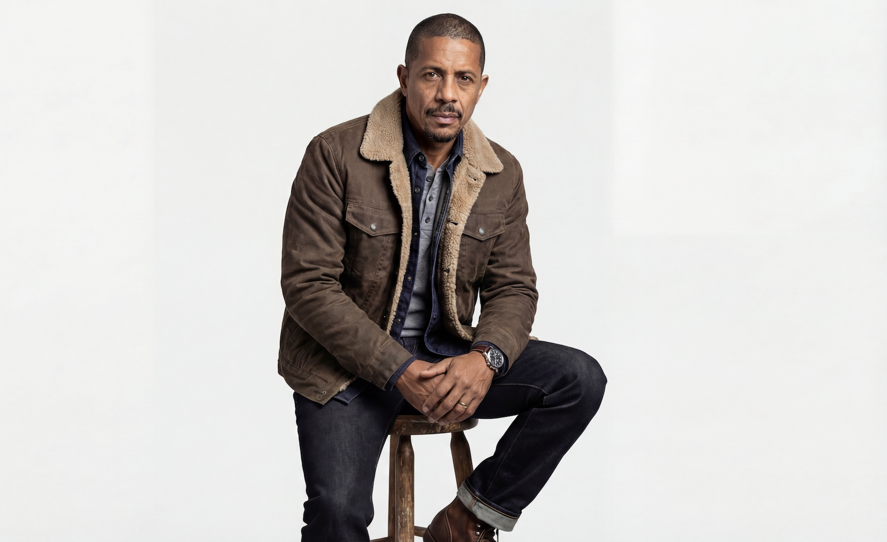 Middle-aged man in brown shearling-collar jacket, denim shirt and dark jeans sitting on a stool – men's outerwear style for GRAND London