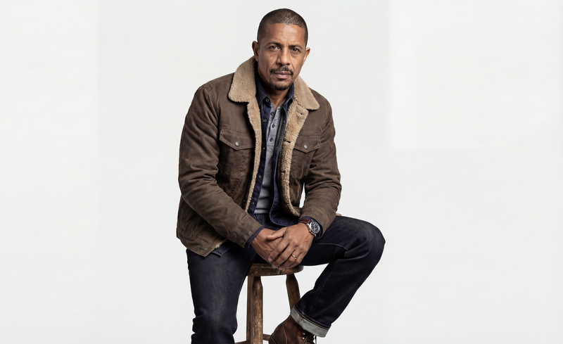 Middle-aged man in brown shearling-collar jacket, denim shirt and dark jeans sitting on a stool – men's outerwear style for GRAND London