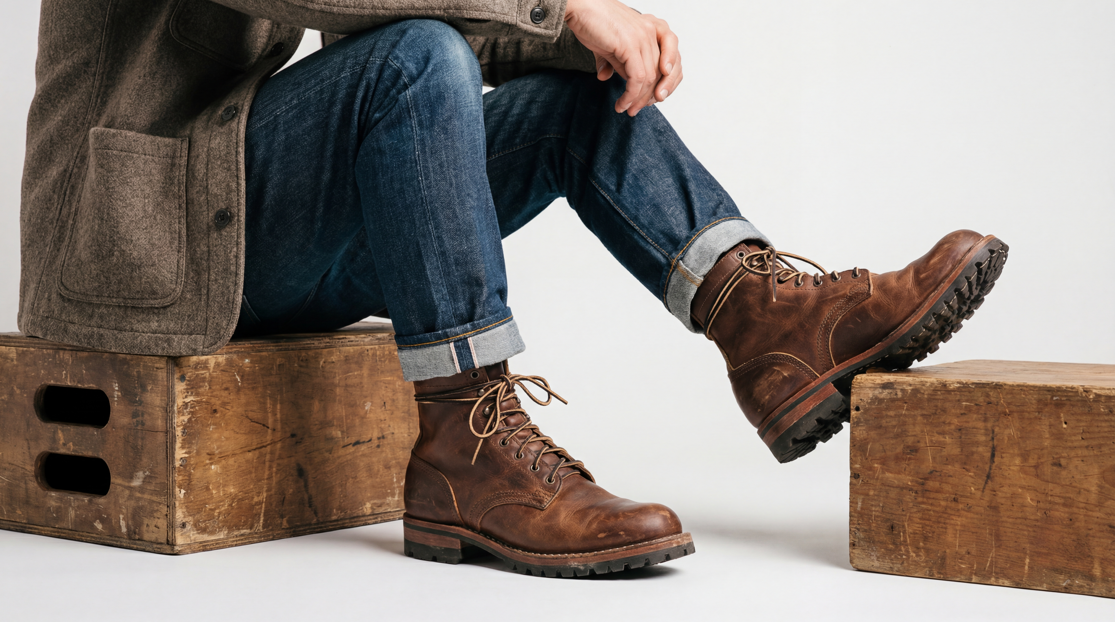 Close-up of rugged brown lace-up boots with cuffed jeans – men's footwear style for GRAND London
