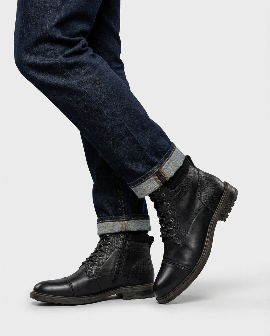 Black - Leather Cap-Toe Side Zip Boots | GRAND London