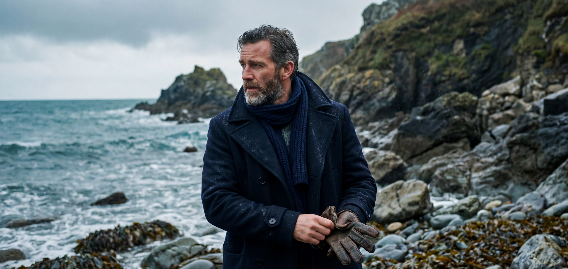 Middle-aged man in navy overcoat and scarf standing on a rugged coastal shoreline – mature men's outerwear style for GRAND London
