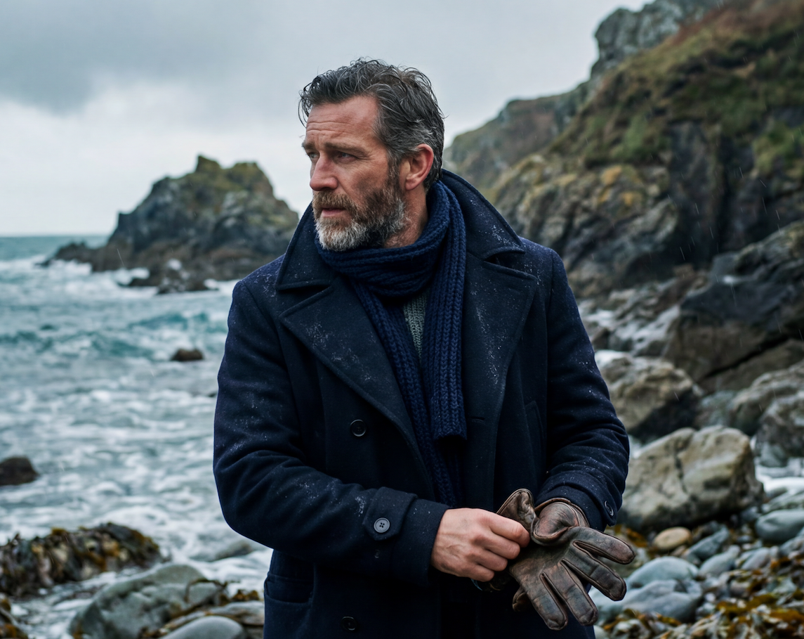 Middle-aged man in navy overcoat and scarf standing on a rugged coastal shoreline – mature men's outerwear style for GRAND London