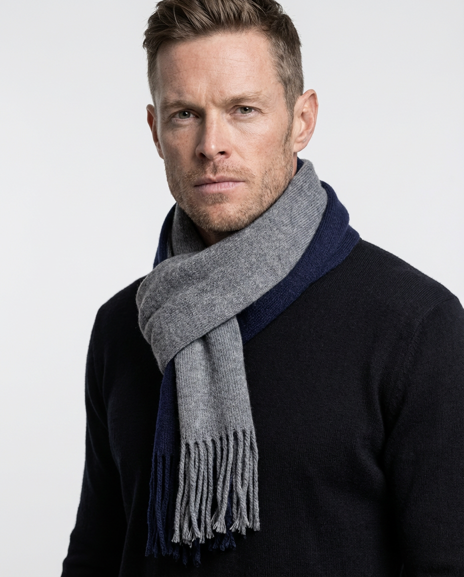 Navy Fringed Long Knit Scarf | grand London