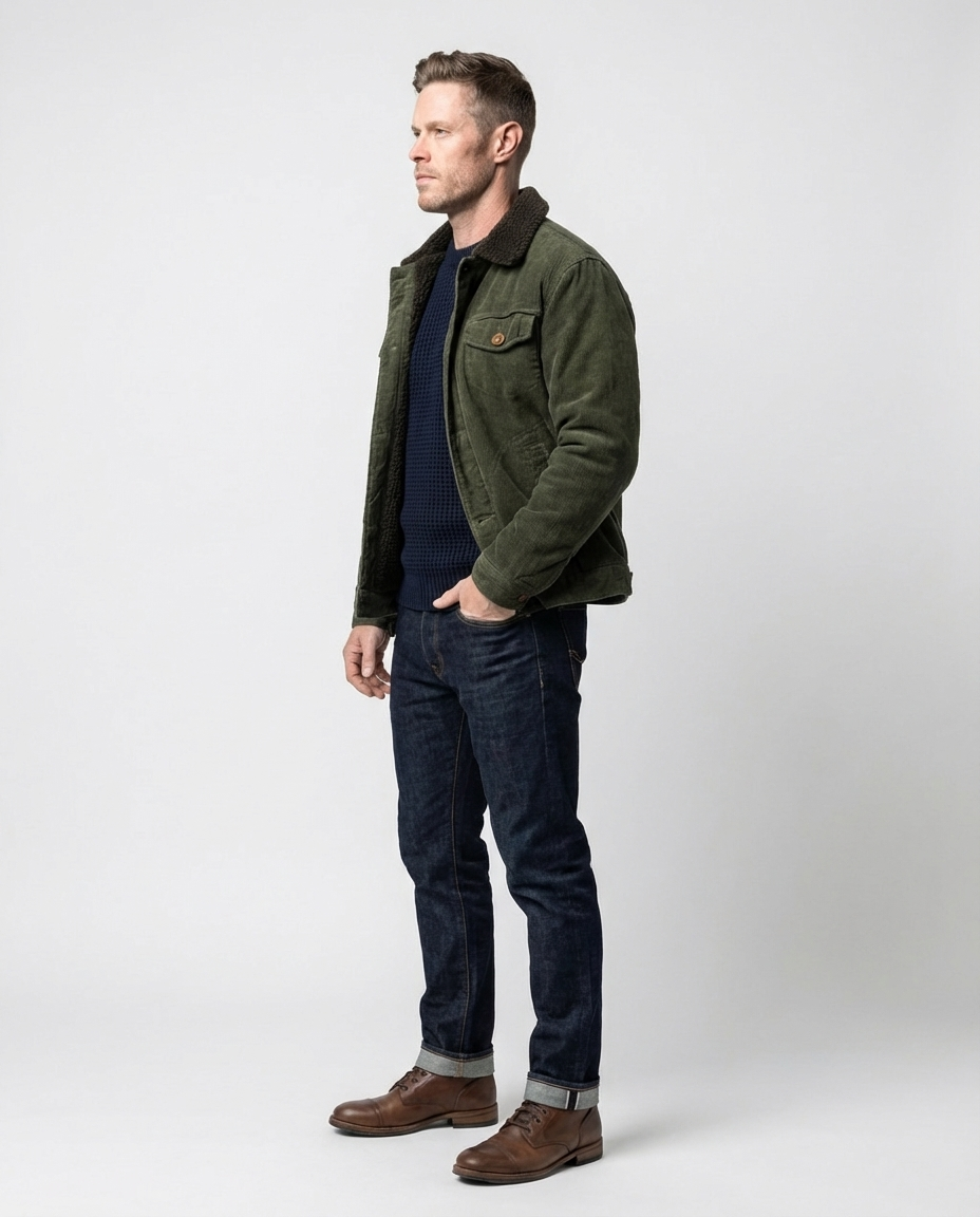 Green Men's Corduroy Lined Trucker Jacket | GRAND London 