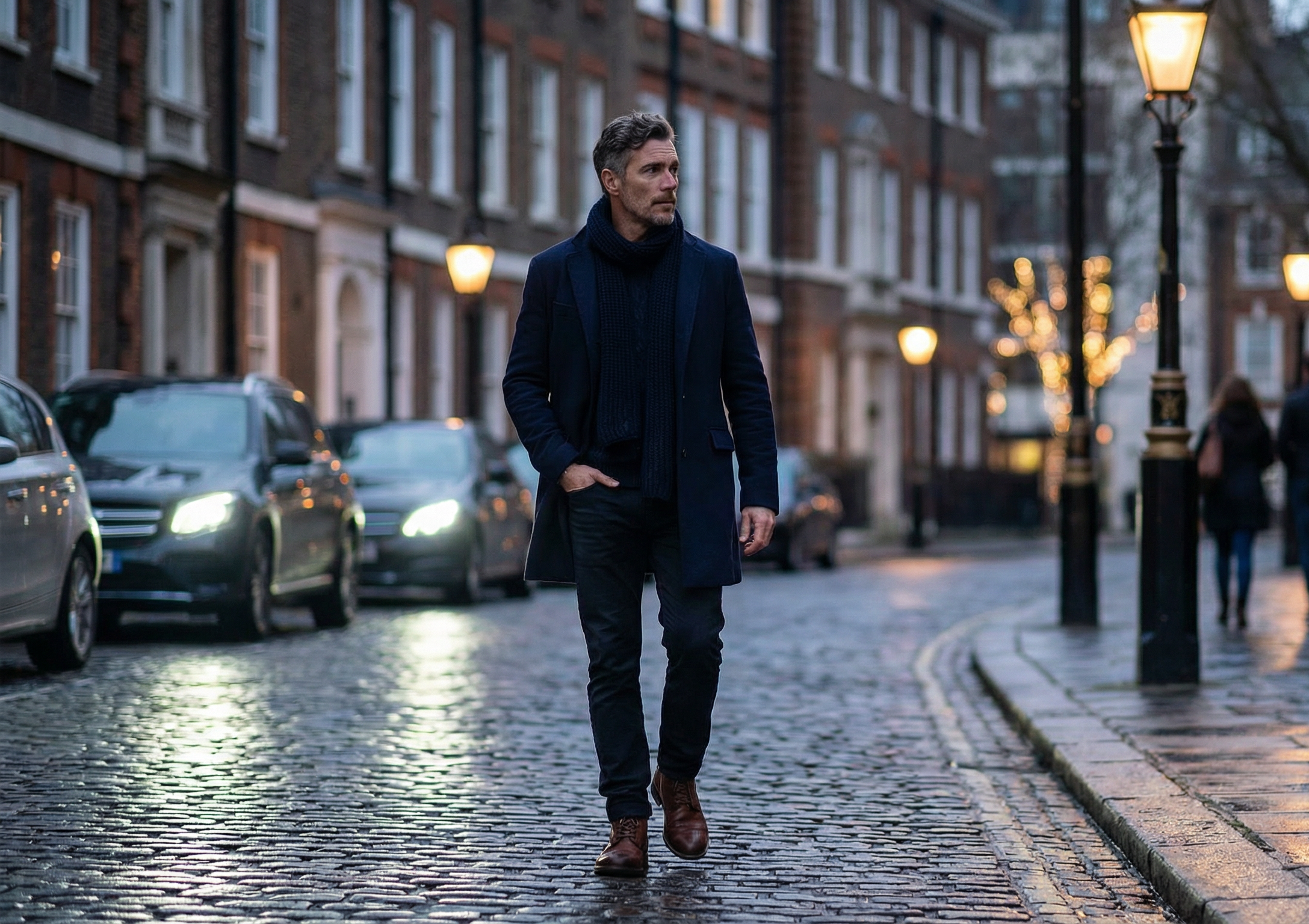 Middle-aged man in navy overcoat, dark scarf and jeans walking along a wet cobbled London street at dusk – rugged refined men's style for GRAND London