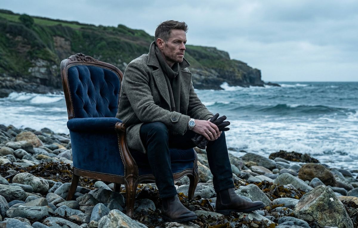 Middle-aged man in grey wool-style coat, scarf, gloves and brown Chelsea boots sitting on a blue armchair by a rocky coastline – rugged refined men's style for GRAND London