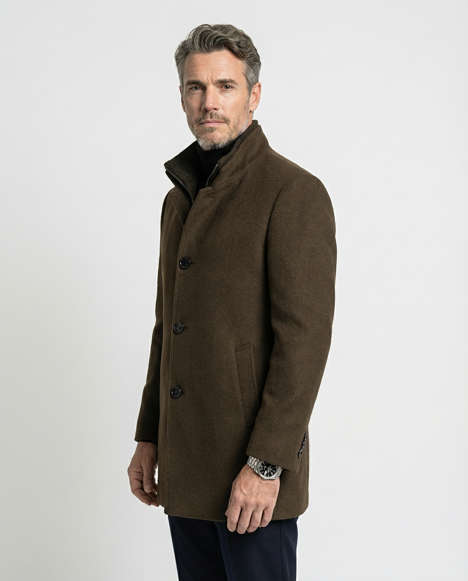 Brown Wool Blend Stand Collar Coat | GRAND London