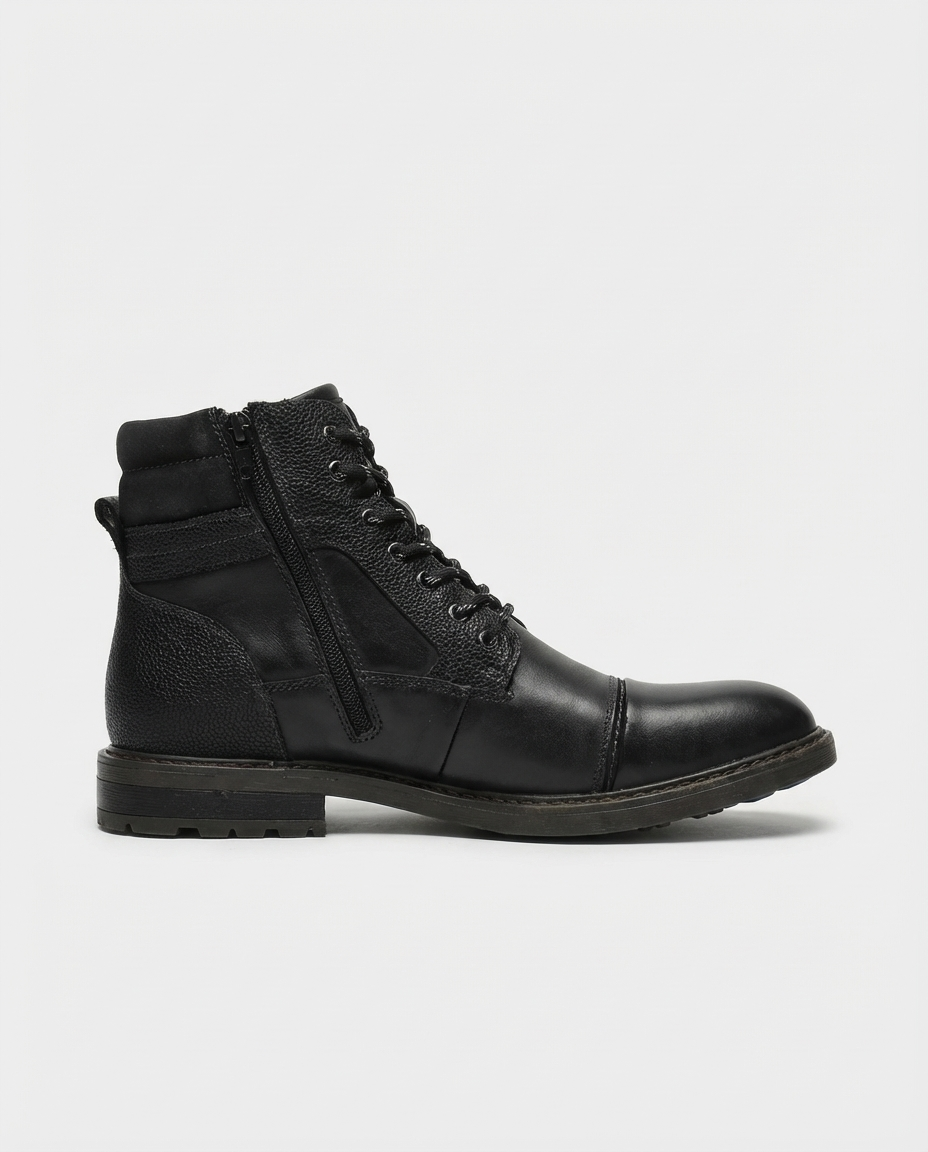 Black - Leather Cap-Toe Side Zip Boots | GRAND London