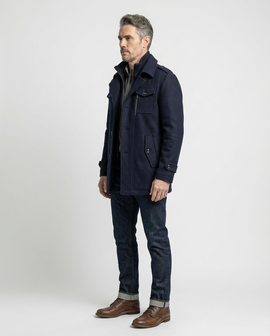 Navy Wool Blend Zip-Front Coat | GRAND London
