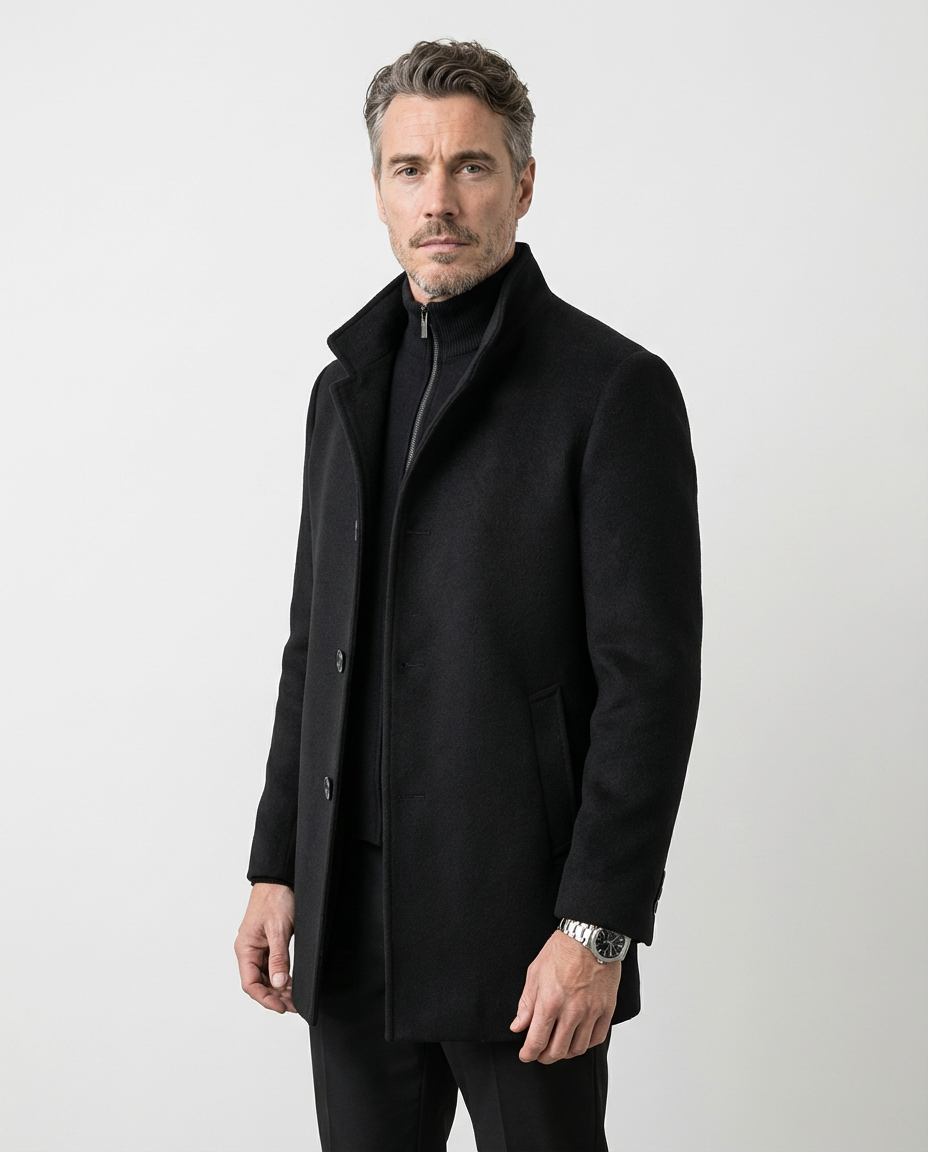 Black Wool Blend Stand Collar Coat | GRAND London