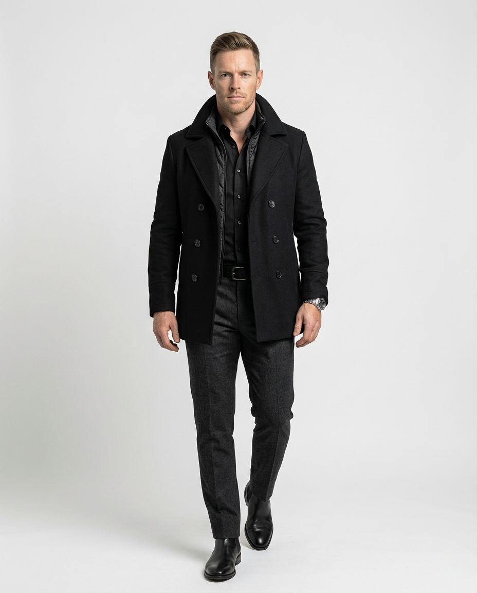 Black Double-Breasted Pea Coat | GRAND London