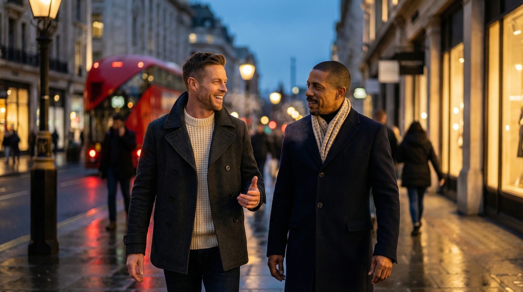 Two middle-aged men in winter coats and knitwear walking and talking on a London street at dusk – mature men's outerwear style for GRAND London