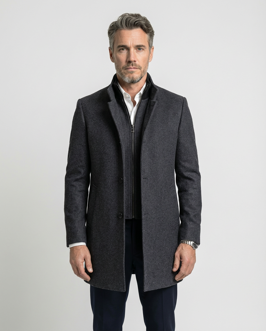 Grey Wool Blend Stand Collar Coat | GRAND London