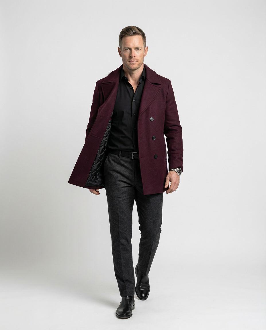 Burgundy Double-Breasted Pea Coat | GRAND London