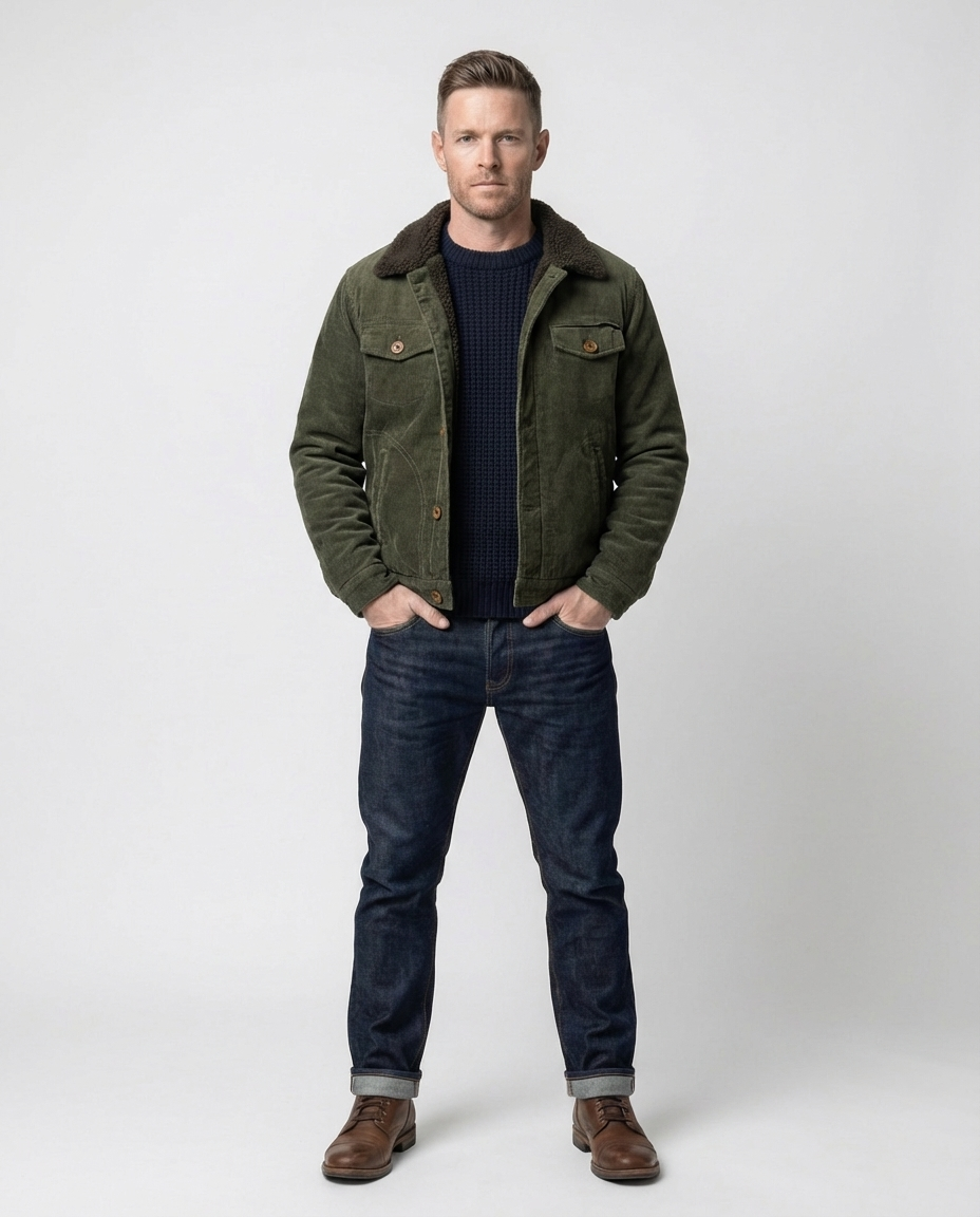 Green Men's Corduroy Lined Trucker Jacket | GRAND London 