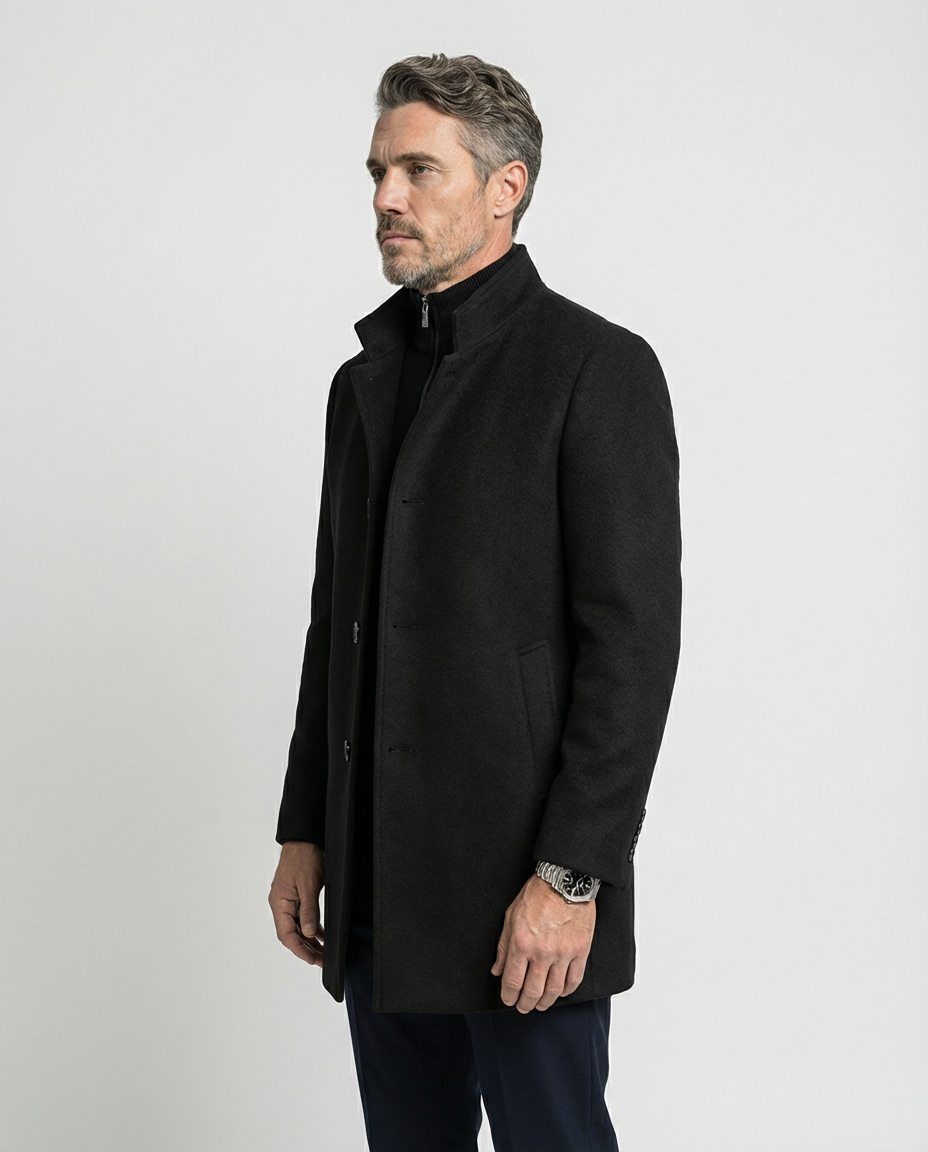 Black Wool Blend Stand Collar Coat | GRAND London