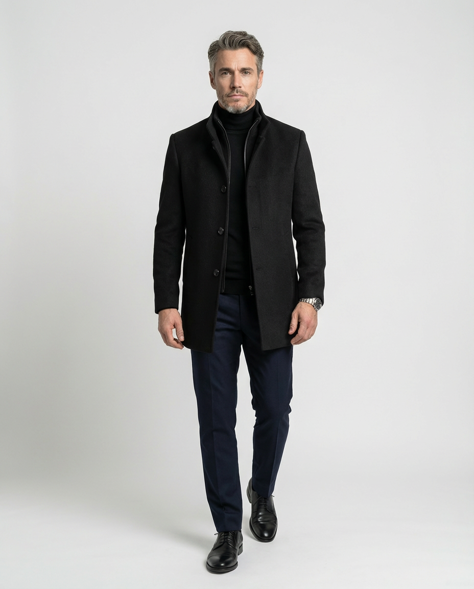 Black Wool Blend Stand Collar Coat | GRAND London