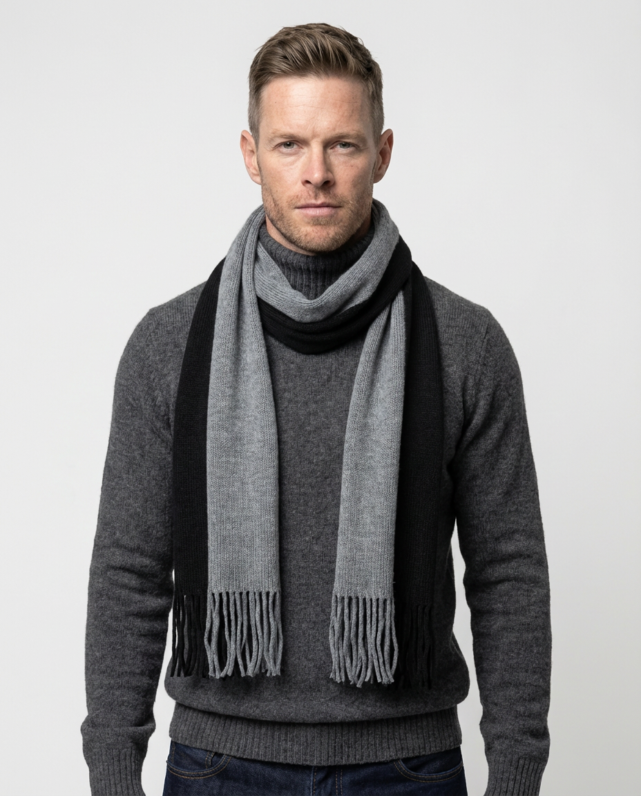 Black Fringed Long Knit Scarf | grand London