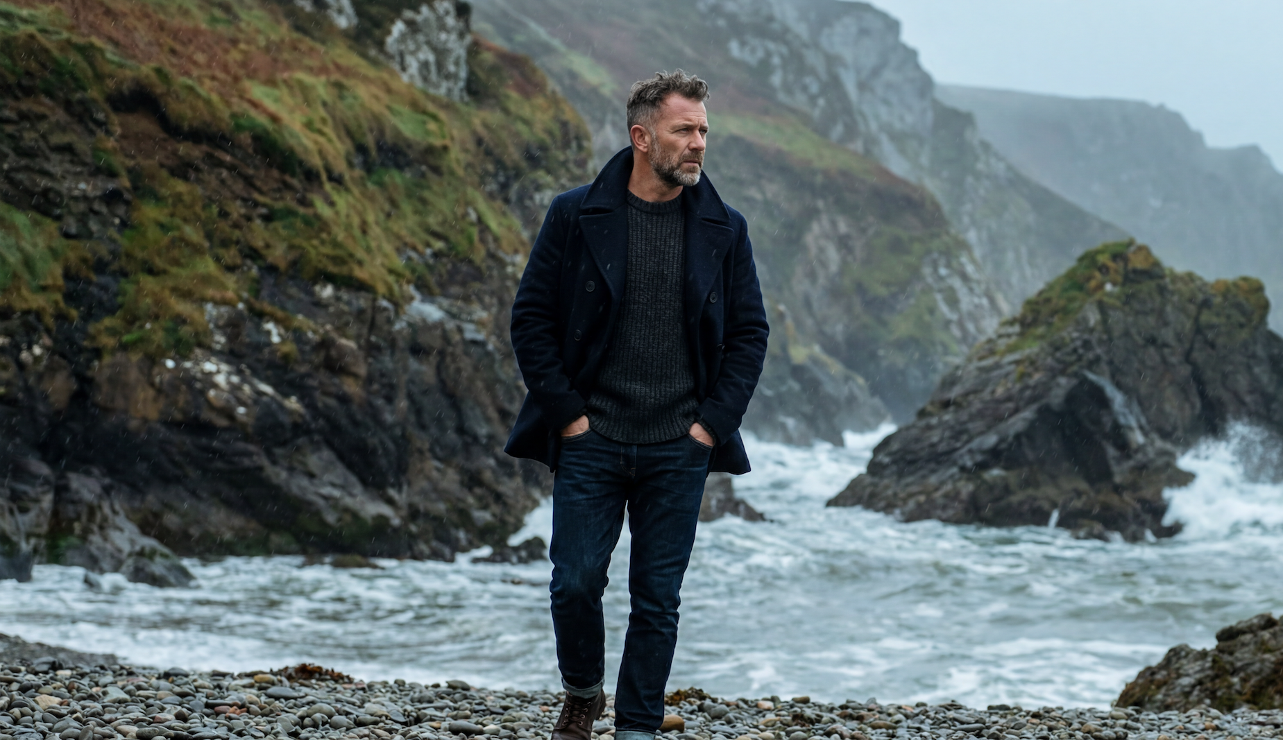 Middle-aged man in navy peacoat, dark knit and jeans walking along a rocky coastal shoreline with waves and cliffs – rugged refined men's style for GRAND London