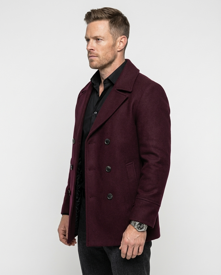 Burgundy Double-Breasted Pea Coat | GRAND London