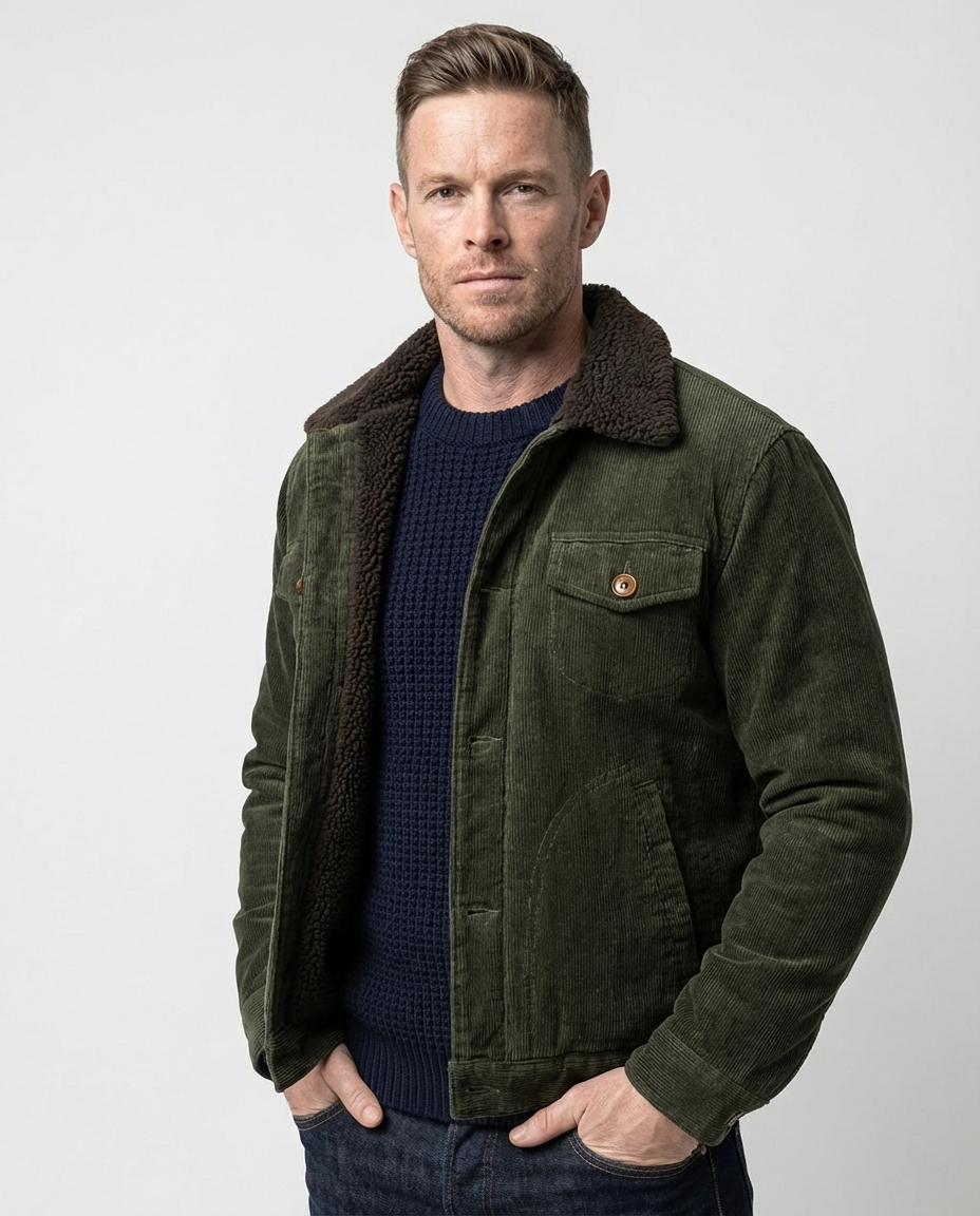 Green Men's Corduroy Lined Trucker Jacket | GRAND London 