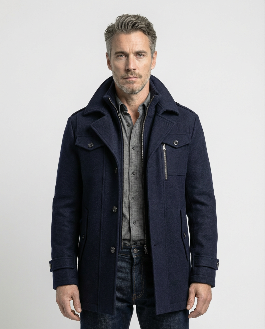 Navy Wool Blend Zip-Front Coat | GRAND London