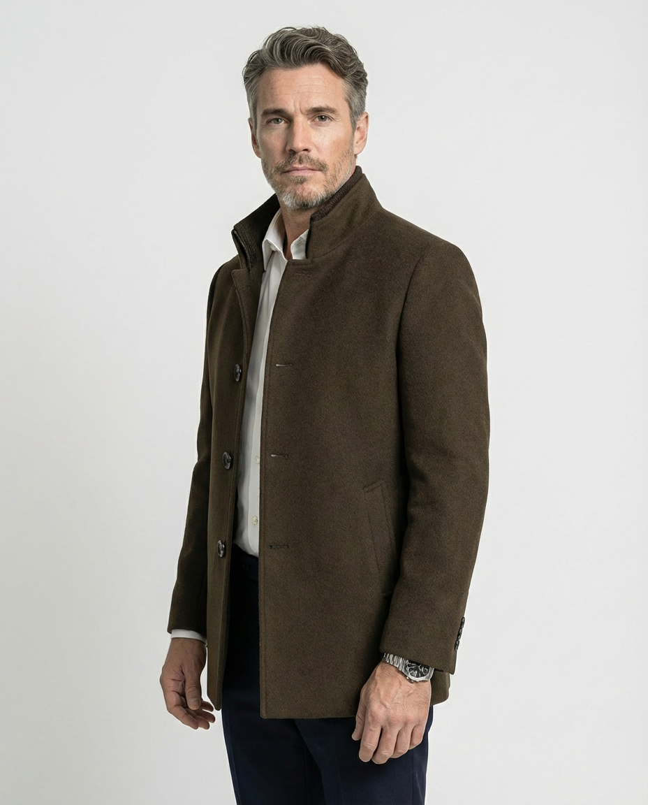 Brown Wool Blend Stand Collar Coat | GRAND London
