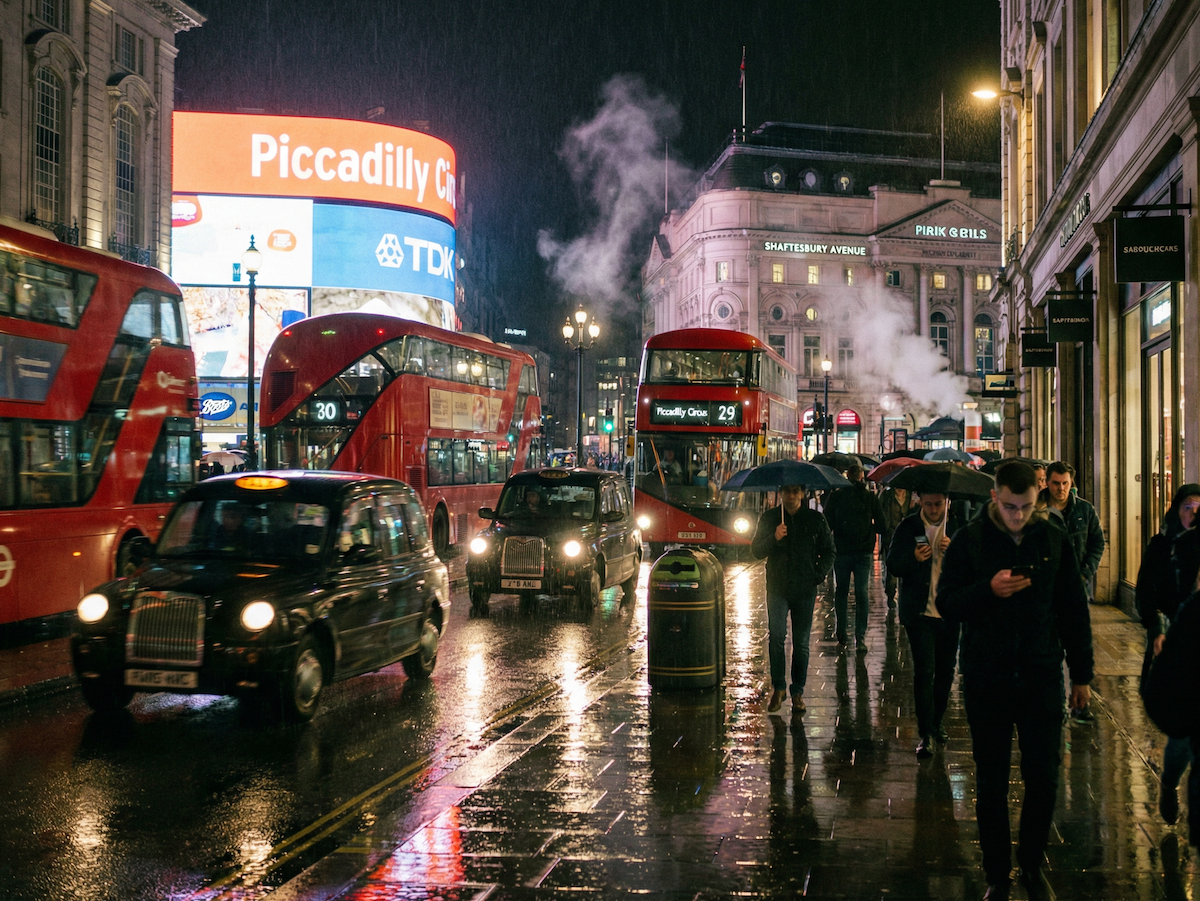 Rainy night street scene in central London with red double-decker buses, black cabs and people walking under umbrellas – urban backdrop for GRAND London menswear
