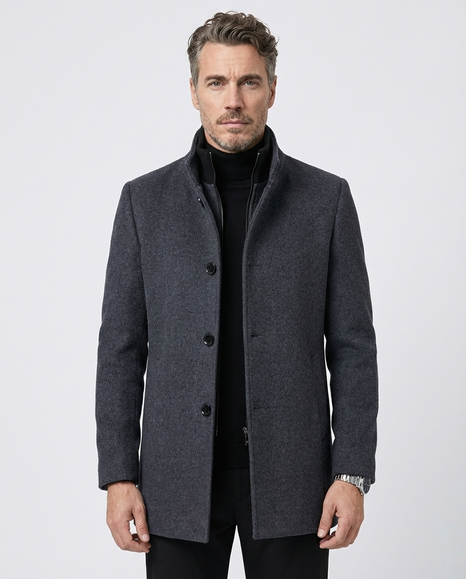 Grey Wool Blend Stand Collar Coat | GRAND London