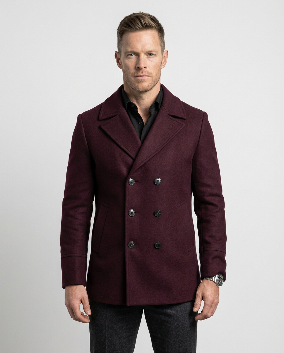 Burgundy Double-Breasted Pea Coat | GRAND London