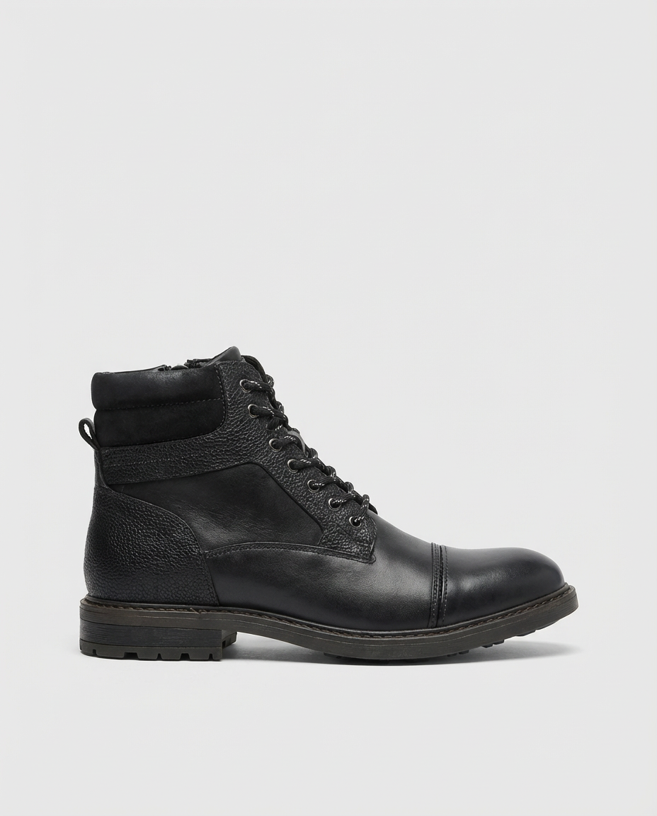 Black - Leather Cap-Toe Side Zip Boots | GRAND London