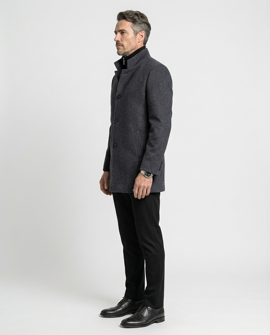 Grey Wool Blend Stand Collar Coat | GRAND London
