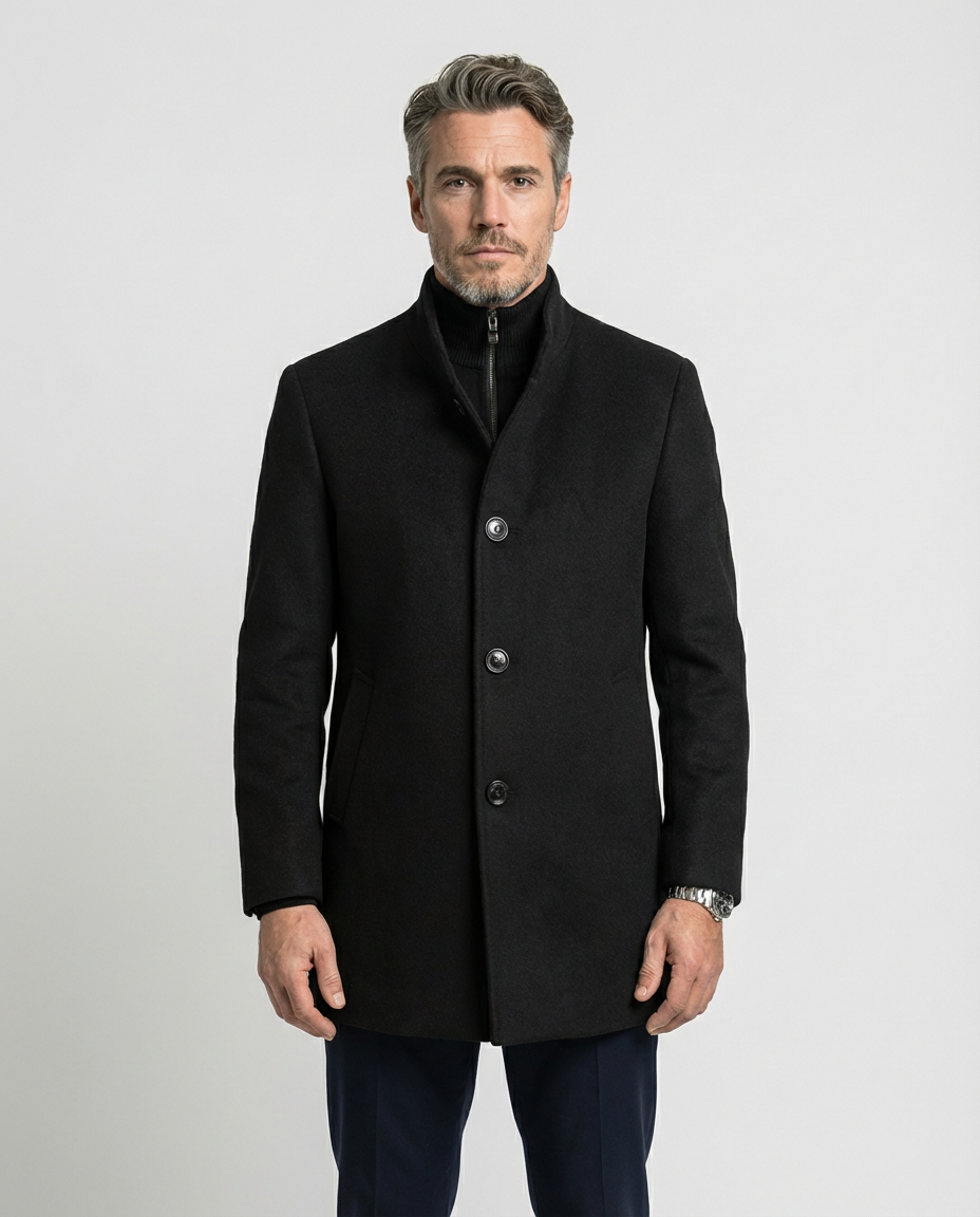 Black Wool Blend Stand Collar Coat | GRAND London