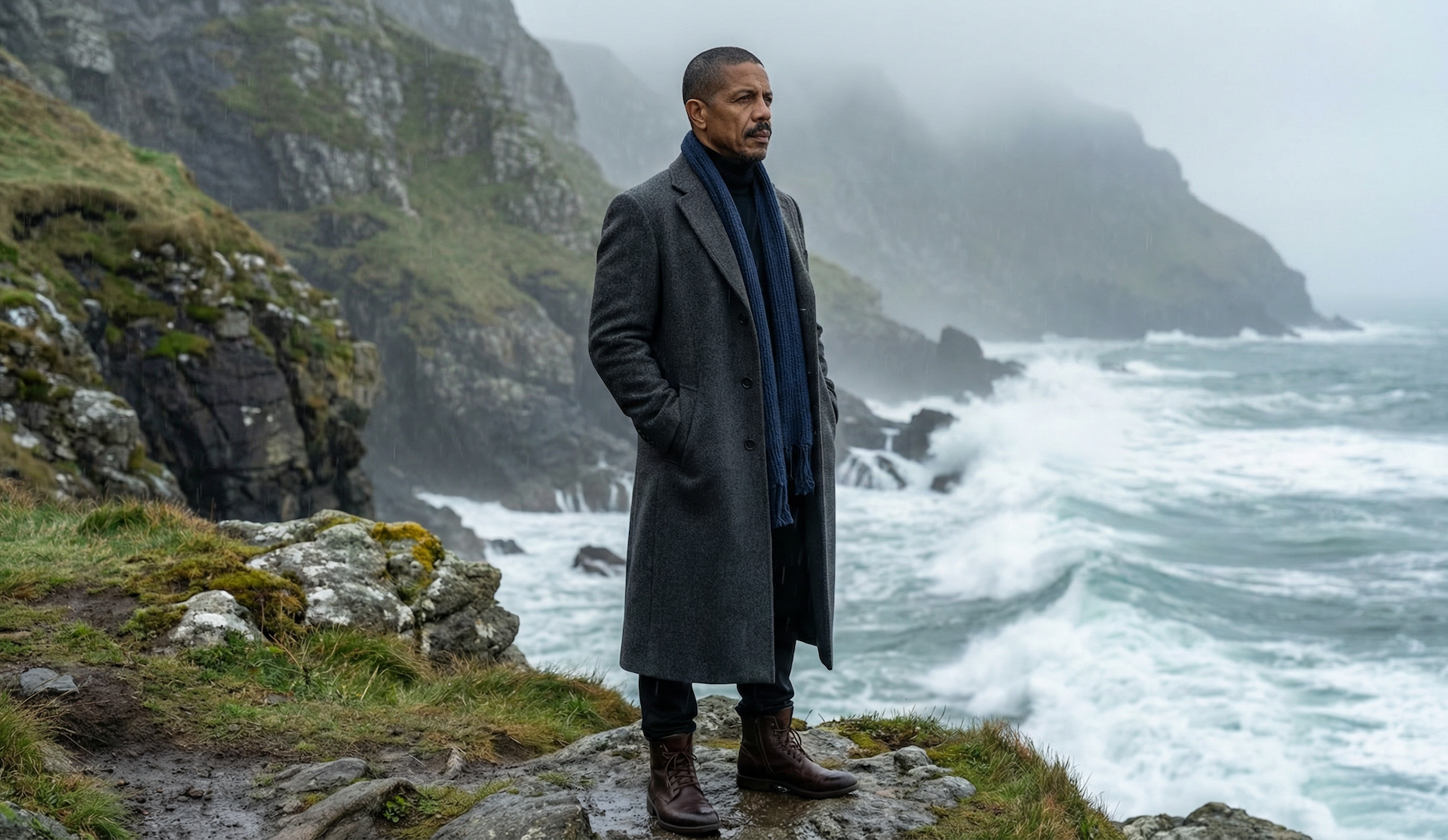Middle-aged man in long grey overcoat and navy scarf standing on a rugged coastal cliff above rough sea – mature men's overcoat style for GRAND London