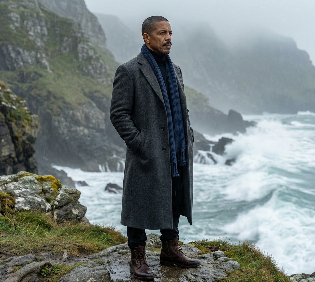 Middle-aged man in long grey overcoat and navy scarf standing on a rugged coastal cliff above rough sea – mature men's overcoat style for GRAND London