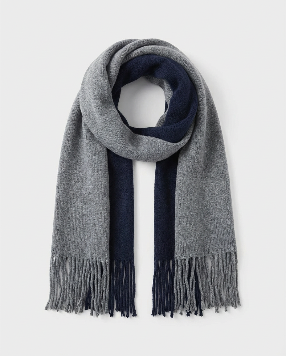 Navy Fringed Long Knit Scarf | grand London
