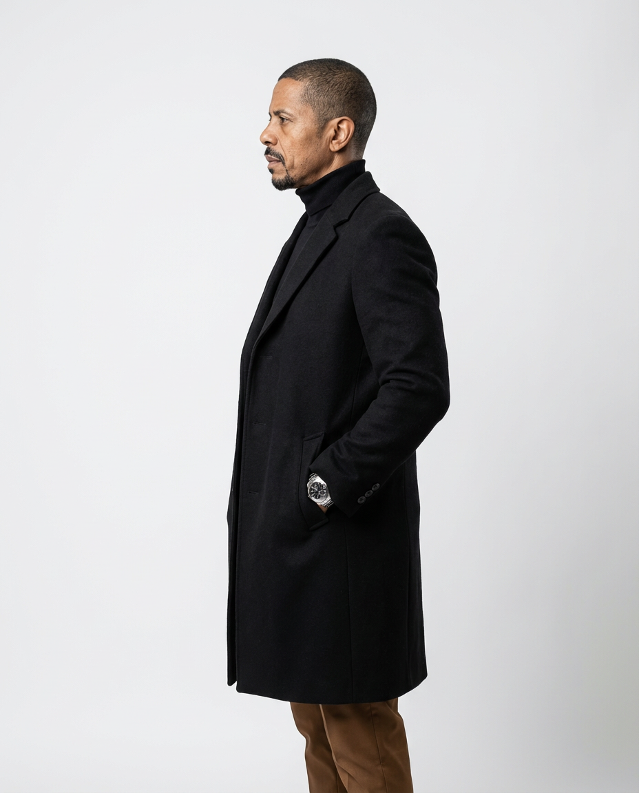 Black Fitted Single-Breasted Overcoat | GRAND London