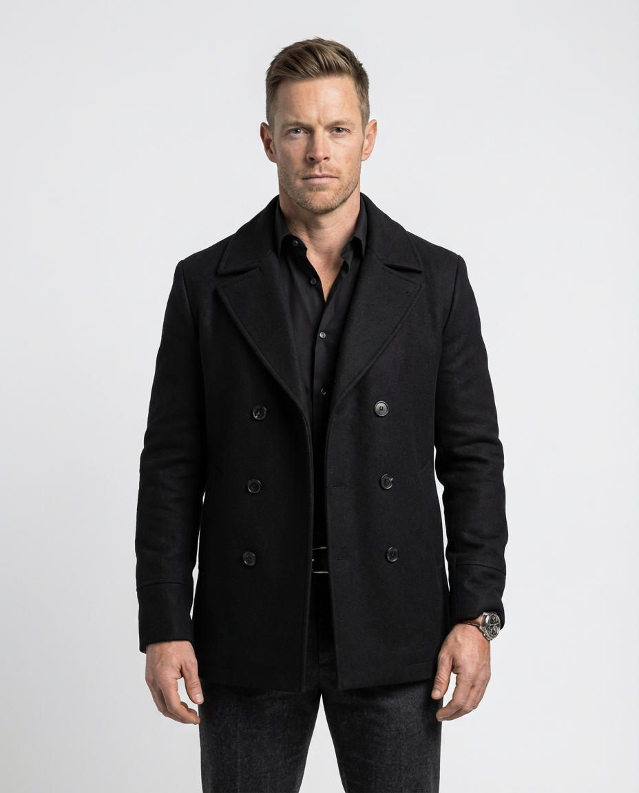 Black Double-Breasted Pea Coat | GRAND London
