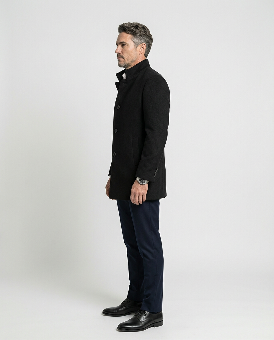 Black Wool Blend Stand Collar Coat | GRAND London