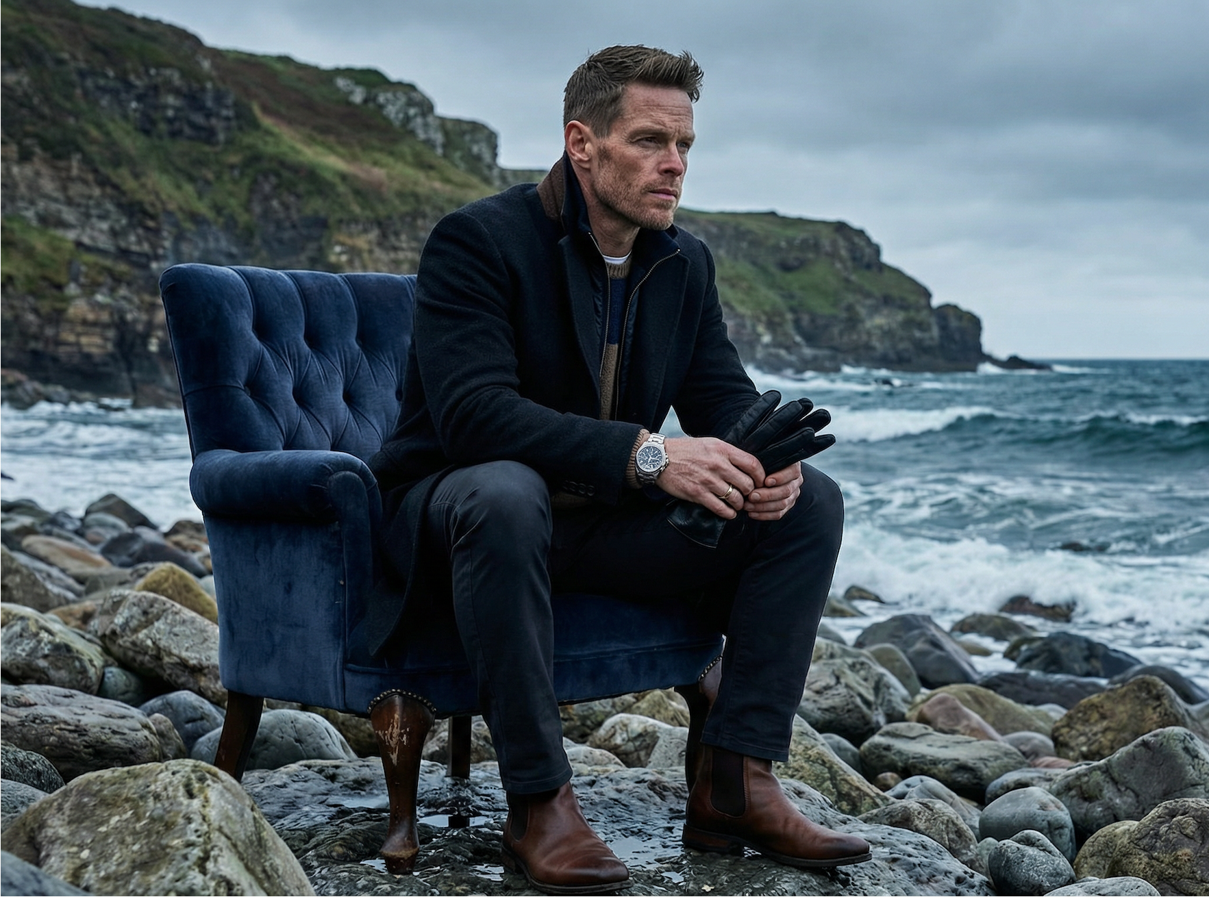 Middle-aged man in dark overcoat, knitwear, gloves and brown Chelsea boots sitting on a blue armchair by a rocky coastline – rugged refined men's style for GRAND London