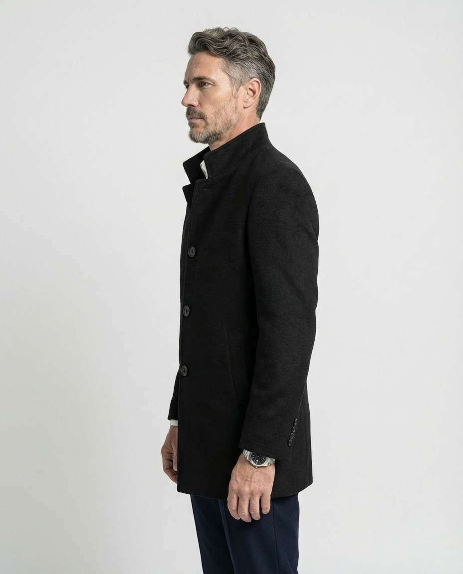 Black Wool Blend Stand Collar Coat | GRAND London