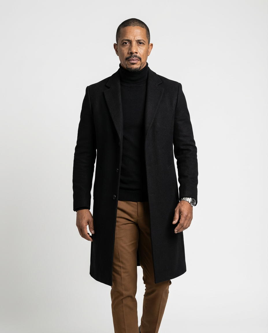 Black Fitted Single-Breasted Overcoat | GRAND London