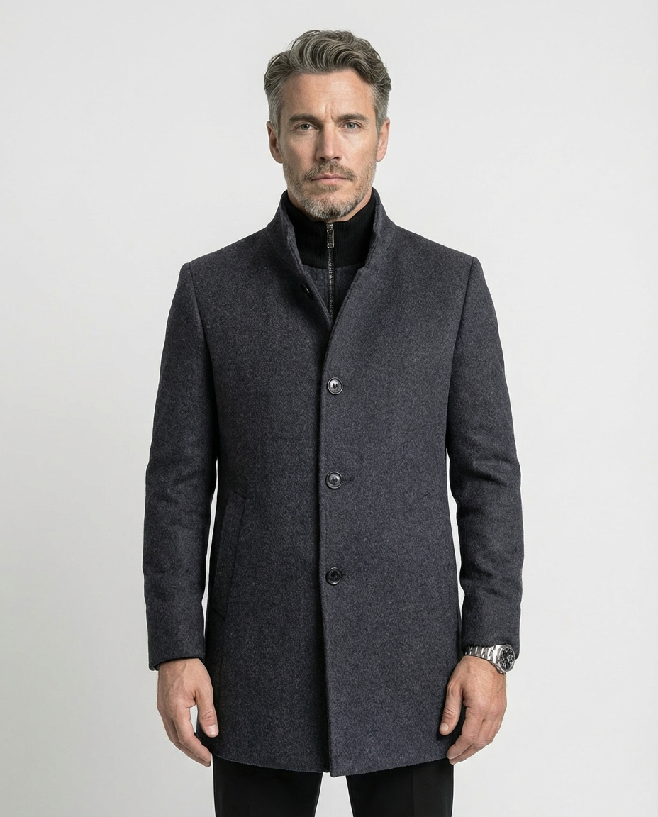 Grey Wool Blend Stand Collar Coat | GRAND London
