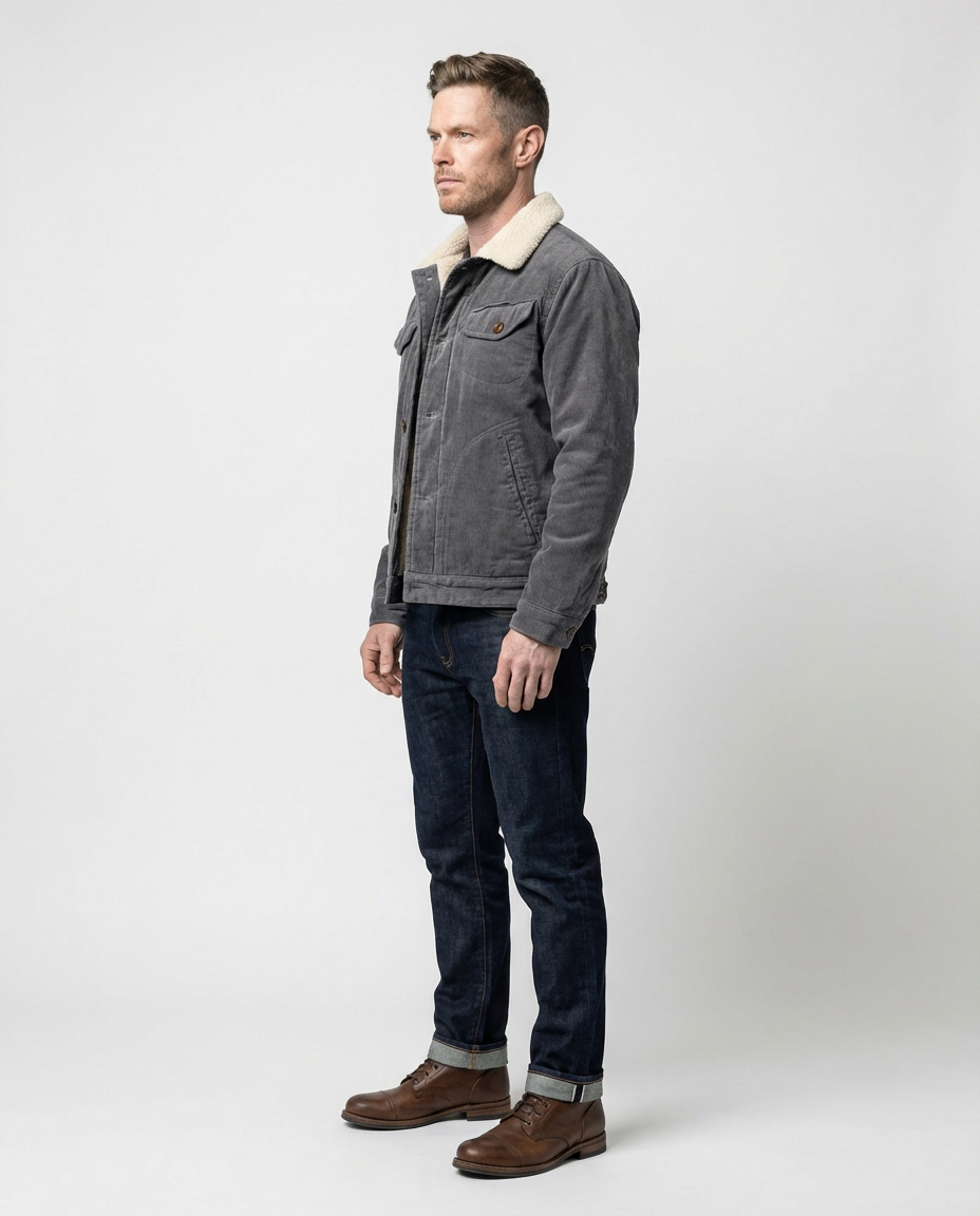 Grey Men's Corduroy Lined Trucker Jacket | GRAND London 